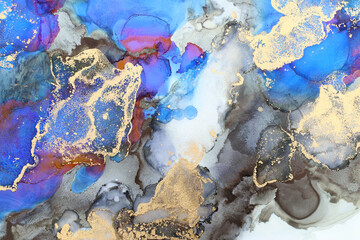 art photography of abstract fluid art painting with alcohol ink, blue, black and gold colors