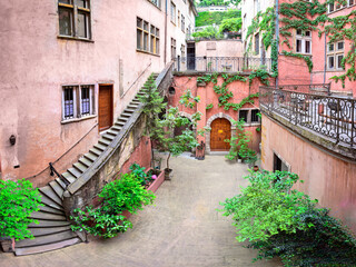 Fototapeta na wymiar Old Lyon: the Crible house in the courtyard of the Pink Tower