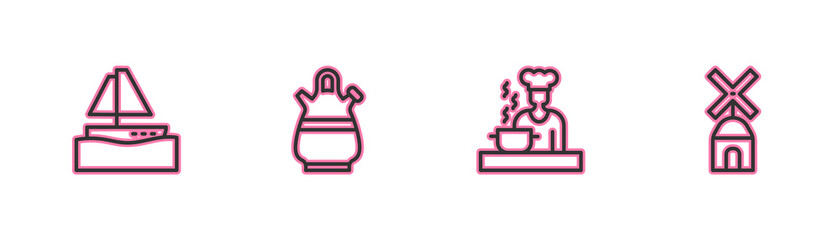 Set line Yacht sailboat, Spanish cook, Sangria pitcher and Windmill icon. Vector.