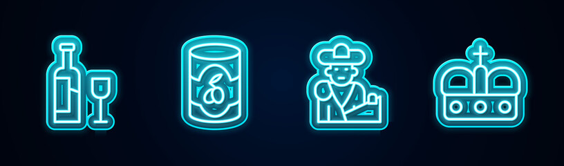 Set line Wine bottle with glass, Olives can, Bullfight, matador and Crown of spain. Glowing neon icon. Vector.