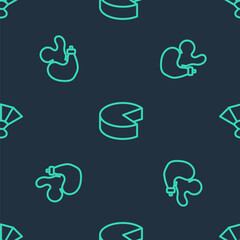 Set line Cheese, Spanish wineskin and Fan flamenco on seamless pattern. Vector.