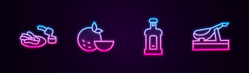 Set line Churros and chocolate, Orange fruit, Orujo and Spanish jamon. Glowing neon icon. Vector.