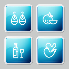 Set line Earrings, Orange fruit, Wine bottle with glass and Spanish wineskin icon. Vector.