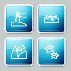 Set line Lighthouse, Kayak or canoe, Mountains and Paw print icon. Vector.