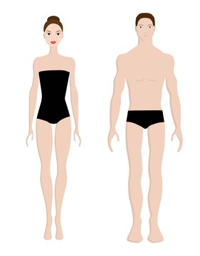 Colored flat design style illustration, male and female, dressed in black underwear. Isolated on white background