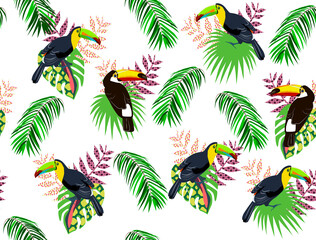 Toucans, palm leaves, Vector floral seamless pattern. Tropical illustration.