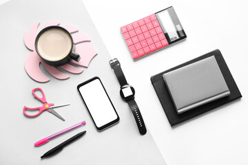 Composition with different modern devices on light background