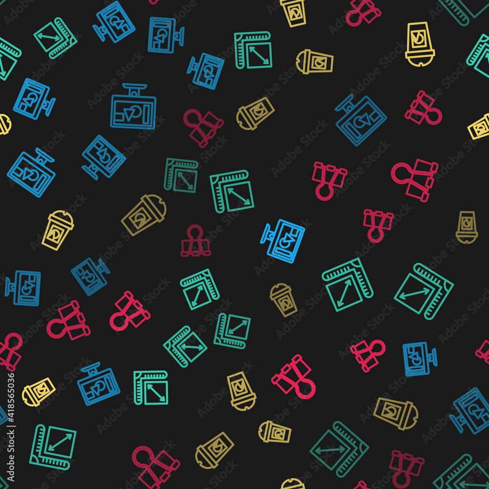 Poster set line computer monitor screen, paper size, coffee cup go and binder clip on seamless pattern. vec
