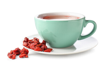 Cup of goji tea on white background