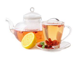 Cup and teapot with goji tea on white background