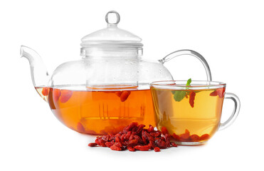 Cup and teapot with goji tea on white background