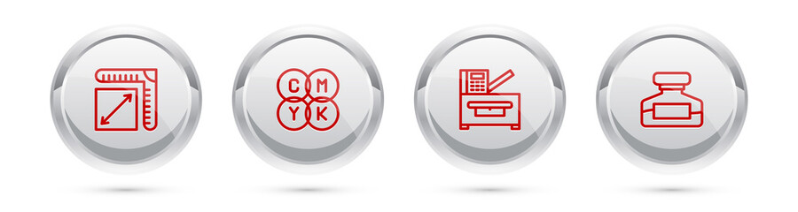 Set line Paper size, CMYK color mixing, Copy machine and Ink bottle. Silver circle button. Vector.