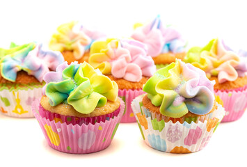 Pastel Rainbow Frosted Easter Cupcakes  on a White Background