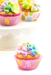 Pastel Rainbow Frosted Easter Cupcakes  on a White Background