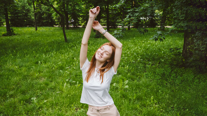 Daily Affirmations, Improve Life, Power of Positivity. Young Woman smiling arms raised up, enjoy...