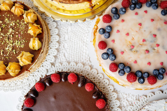 Selection Of Sweet Baked Tarts, Tartlets, Cakes, Cheesecakes, Fruit Cream Cakes 