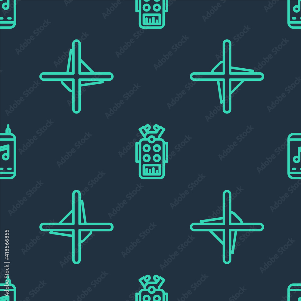 Poster set line microphone, speaker mute and music player on seamless pattern. vector.