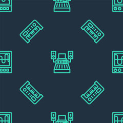 Set line Music recording studio, synthesizer and Oscilloscope on seamless pattern. Vector.