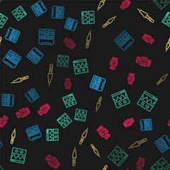 Set line Home stereo with speakers, Oscilloscope, Audio jack and Microphone on seamless pattern. Vector.