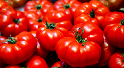 Large red juicy tomatoes closeup. Fresh vegetables from the garden the concept of healthy vitamin food.
