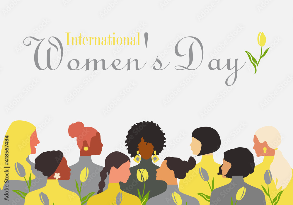 Wall mural postcard with international women's day. postcard template in trendy yellow and gray colors 2021 wit