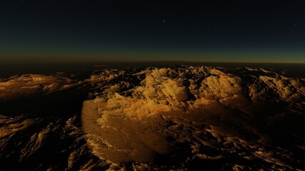 Exoplanet fantastic landscape. Beautiful views of the mountains and sky with unexplored planets. 3D illustration.