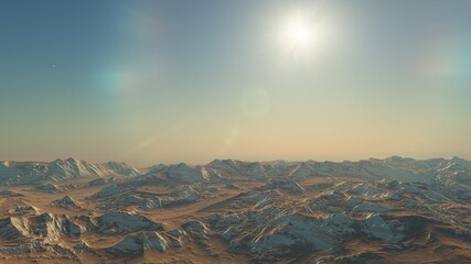 Fototapeta premium Exoplanet fantastic landscape. Beautiful views of the mountains and sky with unexplored planets. 3D illustration.