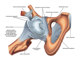 Medical illustration of articulation of the Right Hip whit annotations.