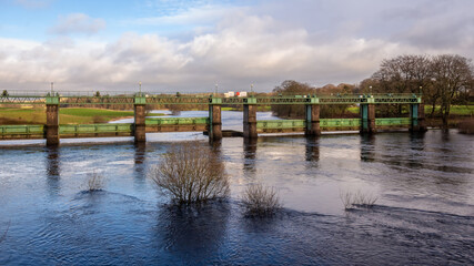 Glenlochar Barrage on the River Dee at Loch Ken, Galloway Hydro Electric Scheme
