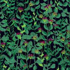  seamless pattern herbs, branches, flowers and stems with leaves.Botanical forest illustration. Background, wallpaper, fabric, textile, packaging, paper