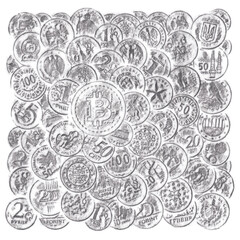 Background artistic collage of Bitcoin and different country coins in a chaotic mess. Bitcoin at the very top