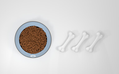 Pet food and bone, pet nutrition diet, 3d rendering.