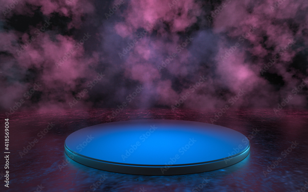 Poster empty round stage with glowing neon lines in the dark basement, 3d rendering.