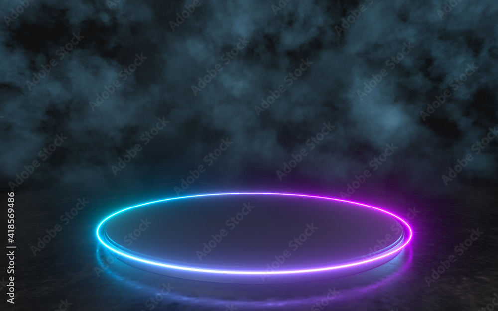 Poster empty round stage with glowing neon lines in the dark basement, 3d rendering.