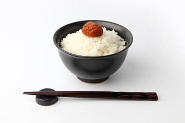 ごはん 梅干 白飯 ご飯 どんぶり 白背景
