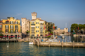 Sirmione. View of the marina and the town on Lake Gardaa. Lombardy, Italy