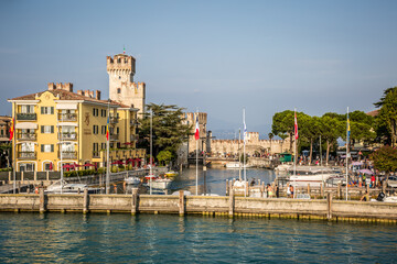 Sirmione. View of the marina and the town on Lake Gardaa. Lombardy, Italy