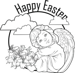 Angelic beings with bouquet of lilies Isolated clipart. Art design concept for religious holidays - Easter, Christmas, character for congratulation card with  birthday, wedding. Linear hand drawing