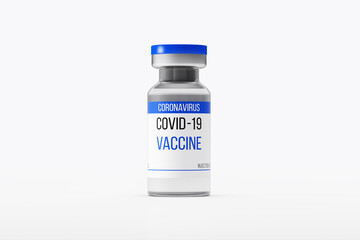 Coronavirus vaccine vial. Glass bottle with blue cap. COVID-19 virus. 3D rendering