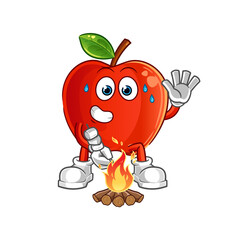 Red Apple roasting marshmallows character. cartoon mascot vector
