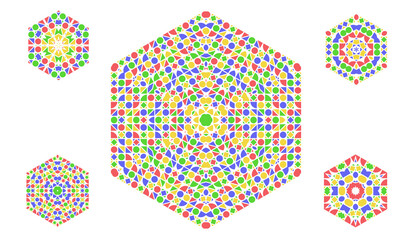 Geometric Mandala colorful hexagon formed by small geometric shapes. Psychedelic tye die mandala pattern motf with kaleidoscope effect for decoration flat design style