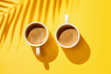 Two white cup of coffee on yellow background.