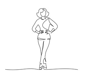 Slender girl standing in trousers. One line drawing