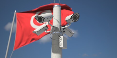 Outdoor security cameras near flag of Tunisia. 3d rendering