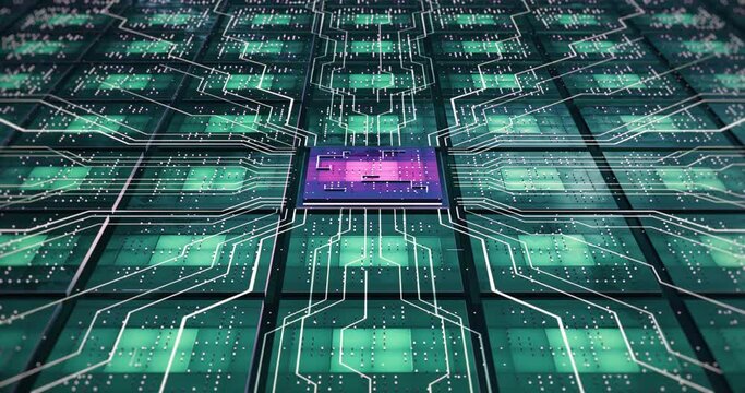 Artificial Intelligence Circuit Board. Processor Transmitting High Speed Data. Computer And Technology Related 4K 3D CG Animation.