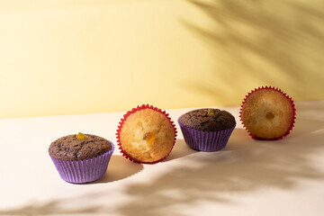 Row of chocolate and vanilla muffins on yellow background in sunlight with beautiful shadow