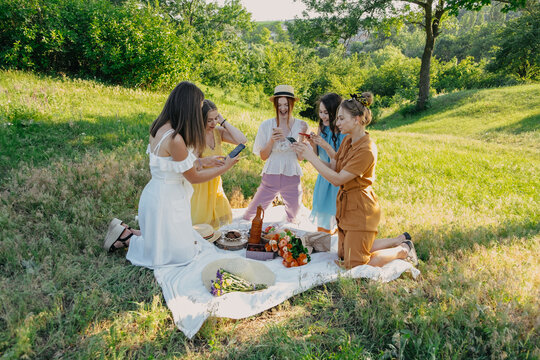 Friends having picnic in the countryside. Group of young women sitting on blanket in park near trees, at sunset on spring summer day. Five girlfriends eating and drinking red wine on outdoor party