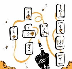 Hand drawn illustration of witches hand and tarot cards. Magic symbols. Flat and cartoon style. Wicca magic Tarot card. Boho chic line art tattoo, poster or altar veil print design.
