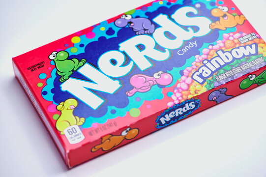 Mainz, Germany - March 06, 2021: Rainbow Nerds lying on a white background. Rainbow Nerds brand is a producer of flavored candies in the USA.