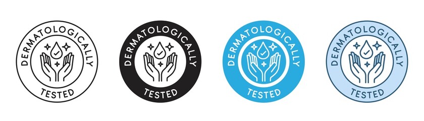 Dermatologically tested icon in line style vector label with water drop,  hand with water logo. Dermatology test and dermatologist clinic icon, business concept allergy free and healthy 